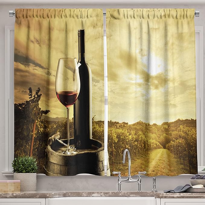 Ambesonne Wine Kitchen Curtains, Red Wine Bottle and Glass on Wooden Cask Dramatic Sky Agriculture, Window Drapes 2 Panel Set for Kitchen Cafe Decor, 55" x 39", Coffee Black