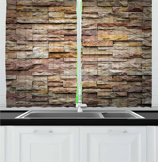 Ambesonne Marble Kitchen Curtains, Urban Brick Slate Stone Wall with Rocks Featured Facade Architecture Town Picture, Window Drapes 2 Panel Set for Kitchen Cafe Decor, 55" x 36", Tan Brown