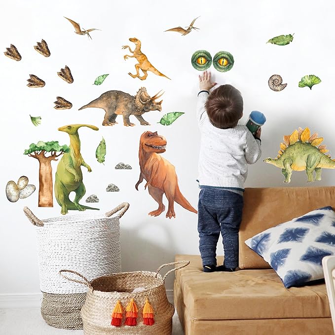 Dinosaur Wall Decals for Kids - Jungle Removable Dinosaur Wall Stickers for Toddler Boys Girls - Safari Peel and Stick Nursery Stickers Children [>25 Dino Wall clings] + Test Sample Included!