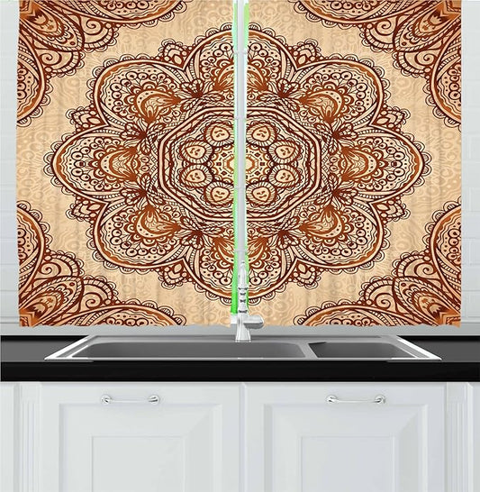 Ambesonne Ethnic Kitchen Curtains, Mehndi Style Floral Flower with Abstract Paisley Backdrop Art Print, Window Drapes 2 Panel Set for Kitchen Cafe Decor, 55" x 36", Dark Brown