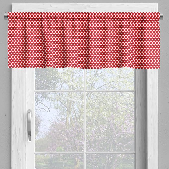 Ambesonne Retro Valance & Tier Curtain 3 pcs Set, 50s 60s Iconic Pop Art Style Big White Polka Dots Picnic Vintage Old Theme Image, Window Treatments for Kitchen Room Decor, 55" x 36", Vermilion White