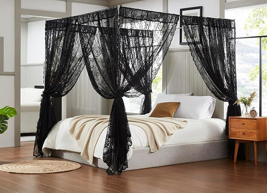 Warm Home Designs Lace Canopy Bed Curtains Set Consists of 8 48" x 78" Black Canopy Curtains with Tie-Backs. Queen Canopy Bed Curtains or King Bed Canopy Curtains for Gothic Bedroom Decor. LC Black
