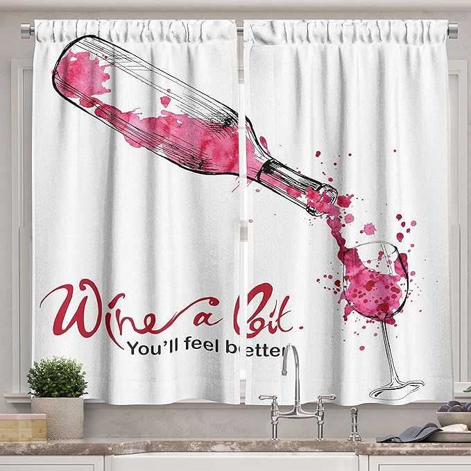 Ambesonne Wine Kitchen Curtains, Wine a Bit You Feel Better Inspirational Words Bottle Pouring Sketch Art, Window Drapes 2 Panel Set for Kitchen Cafe Decor, 55" x 39", Coral Black