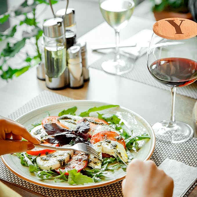 Personalized Wine Glass Charcuterie Topper - Custom Laser Engraved Initial Bamboo Wine Glass Topper Stopper Coasters Plate ID Identification Wine Glass Charcuterie Board Topper (Letter Y)