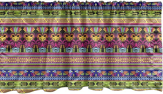 Ambesonne Prehistoric Window Valance, Aztec Culture Pattern Borders Ornate Tribal Animal Print, Curtain Valance for Kitchen Bedroom Decor with Rod Pocket, 54" X 18", Green Fuschia
