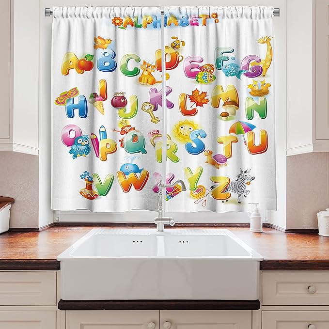 Ambesonne Science Long Kitchen Curtains, Cheerful Cartoon Fun Alphabet Design Font Design, Two Panels Drapes with Rod Pocket Room Decor, 55" x 45", Orange