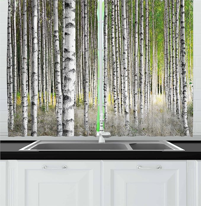 Ambesonne Birch Tree Kitchen Curtains, Peaceful Late Summer Woodland Trunks Leaves Foliage Serene Tranquil, Window Drapes 2 Panel Set for Kitchen Cafe Decor, 55" x 30", Grey Green