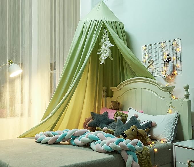 Mengersi Bed Canopy for Girls, Round Dome Canopy Curtains Room Decoration Princess Castle, Dreamy Mosquito Net Bedding (Sage Green)