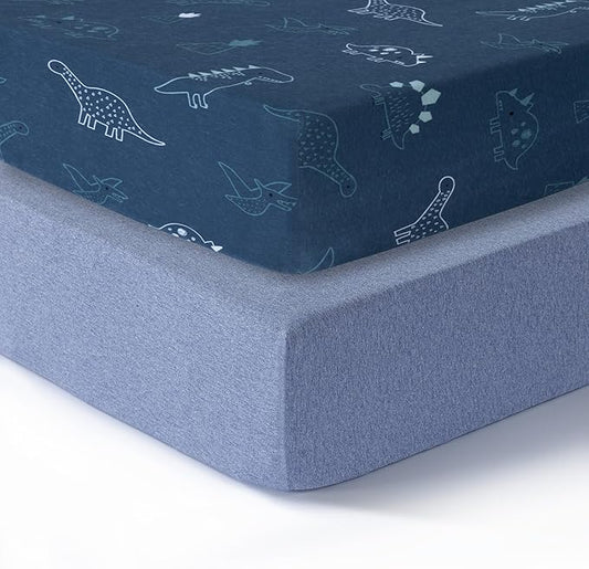Mini Crib Fitted Sheet, 100% Cotton Knitted Jersey, Pack n Play Sheet, Breathable, Fitted Crib Sheets, Super Soft, Toddler Fitted Sheet,2 Pack,Dino/Denim Blue, 38x24x6