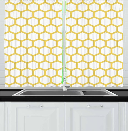 Ambesonne Yellow and White Kitchen Curtains, Hexagonal Pattern Honeycomb Beehive Simplistic Geometrical Monochrome, Window Drapes 2 Panel Set for Kitchen Cafe Decor, 55" x 36", White Yellow