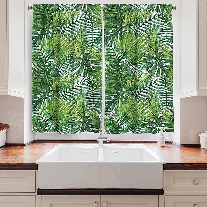 Ambesonne Leaf Kitchen Curtains, Tropical Exotic Banana Forest Palm Tree Leaves Watercolor Design Image, Window Drapes 2 Panel Set for Kitchen Cafe Decor, 55" x 39", Green