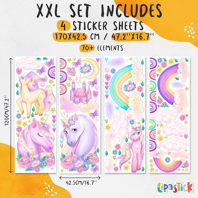 Unicorn Wall Decals Pack of 4 Sheets 135 pcs by Lipastick - Rainbow Wall Stickers – Princess Castle with Hearts Clouds Stars Wall Decals Decor for Girls Kids Bedroom Birthday Party Size XXL