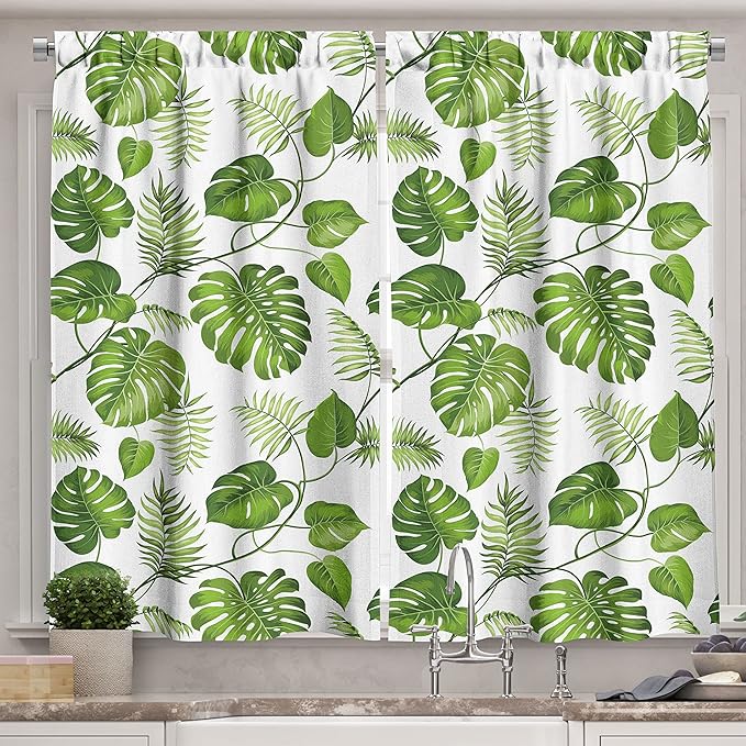 Ambesonne Leaf Kitchen Curtains, Brazilian Rainforest Foliage Nature Ivy Swirls Palm Banana Trees Leaves Art Print, Window Drapes 2 Panel Set for Kitchen Cafe Decor, 55" x 39", Fern Green
