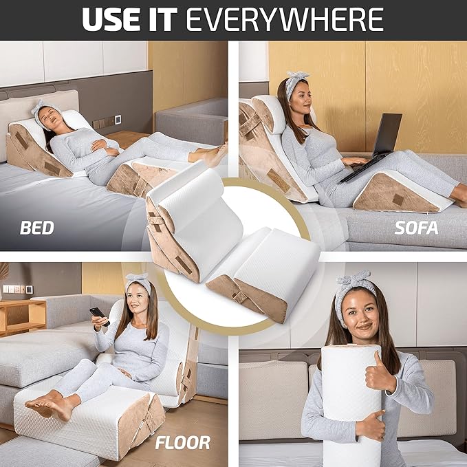 5pcs Orthopedic Bed Wedge Pillow Set w/Leg Elevation Pillow - Perfect Adjustable Memory Foam Pillows for After Surgery Recovery, Back Support, Pain Relief, Acid Reflux, Sleeping & GERD
