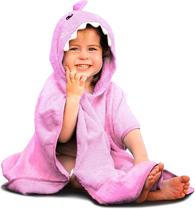 Premium Hooded Towel Poncho for Kids & Toddler - 100% Cotton (Pink Shark)