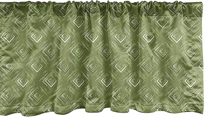 Ambesonne Olive Green Window Valance, Grunge Geometric Pattern Square Shape Diagonal Abstract Rhombus, Curtain Valance for Kitchen Bedroom Decor with Rod Pocket, 54" X 12", Olive Green