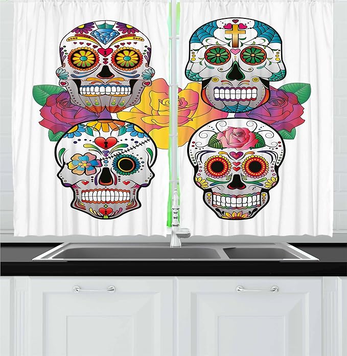 Ambesonne Sugar Skull Kitchen Curtains, Different Types of Skulls Rich and Colorful Ornaments Roses Border Carnival, Window Drapes 2 Panel Set for Kitchen Cafe Decor, 55" x 36", Rainbow