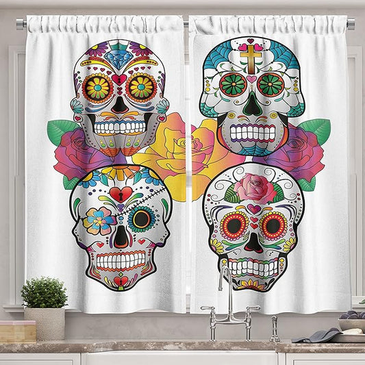 Ambesonne Sugar Skull Kitchen Curtains, Different Types of Skulls Rich and Colorful Ornaments Roses Border Carnival, Window Drapes 2 Panel Set for Kitchen Cafe Decor, 55" x 39", Rainbow