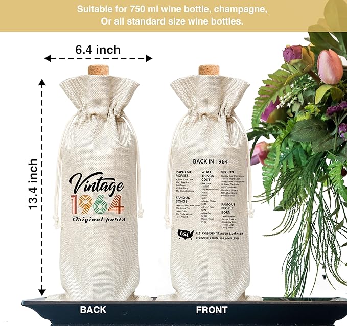Tedea 60th Birthday Wine Gift Bag, Retro Vintage Back In 1964 Birthday Gift Wine Bag For Women Men, Best Friend, Coworker, Birthday Party Decorations, 1 Pc Wine Bag (G12)