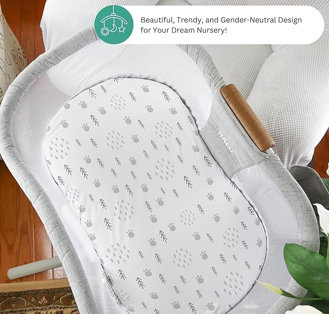 TansyPanda Bassinet Sheets for Halo Bassinest Swivel, Flex, Glide, Premiere and Luxe Series Sleeper, Pack of 3, 33 X 17 Inch, Ultra Soft and Snug Fit, Unisex Boys Girls, Gray White (Woodland Rainbow)