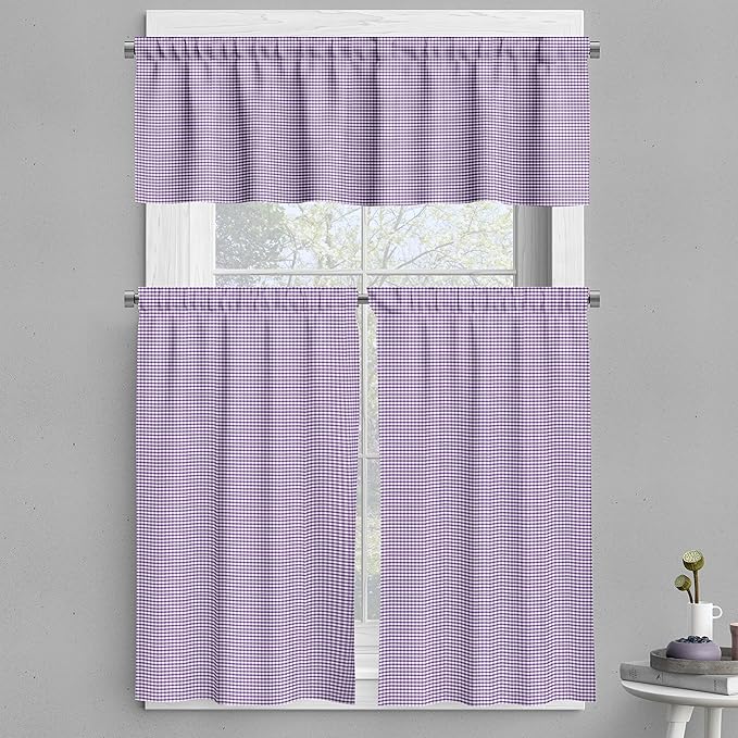 Ambesonne Checkered Valance & Tier Curtain 3 pcs Set, Purple and White Colored Gingham Checks Rows Picnic Theme Vintage Style Print, Window Treatments for Kitchen Room Decor, 55" x 30", Purple White