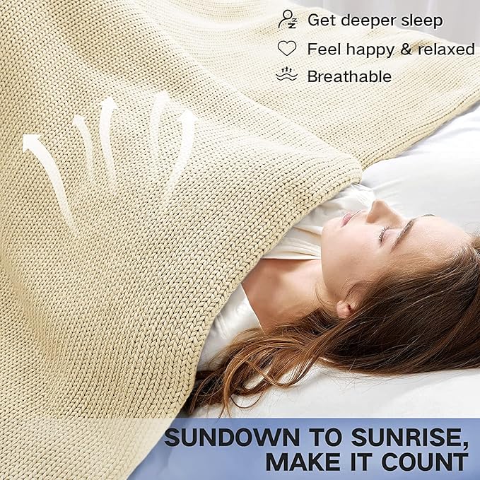 Knitted Weighted Blanket(Cream 50"x60" 5lbs),Home Décor Cooling Throw Blanket for Hot Sleepers,Hand Made Chunky Knit Heavy Blanket Use on Twin Size Bed