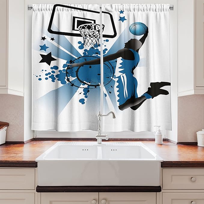 Ambesonne Teen Room Kitchen Curtains, Silhouette of Basketball Player Jumping Success Stars Illustration, Window Drapes 2 Panel Set for Kitchen Cafe Decor, 55" x 39", Blue Charcoal
