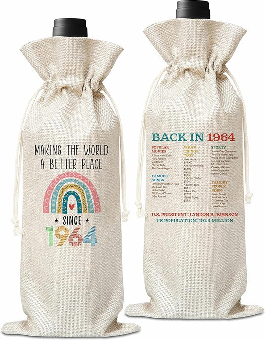 60th Birthday Gift For Women Men, Back In 1964 Birthday Wine Bag, Boho Rainbow Birthday Party Decoration Wine Bag Gifts, Happy 60th Birthday Decor For Mom Dad Grandma Grandpa, A05