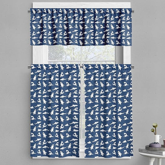Ambesonne Shark Valance & Tier Curtain 3 pcs Set, Fish Pattern Various Gestures Have a Bite Danger Humor Nautical Design, Window Treatments for Kitchen Room Decor, 55" x 30", Blue Violet