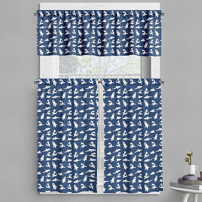 Ambesonne Shark Valance & Tier Curtain 3 pcs Set, Fish Pattern Various Gestures Have a Bite Danger Humor Nautical Design, Window Treatments for Kitchen Room Decor, 55" x 24", Blue Violet