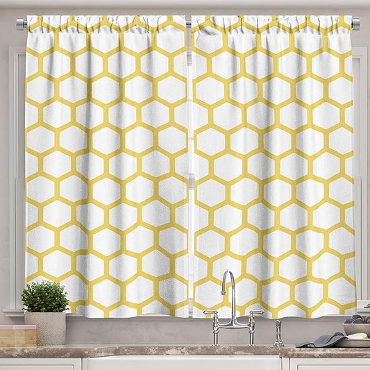 Ambesonne Yellow and White Kitchen Curtains, Hexagonal Pattern Honeycomb Beehive Simplistic Geometrical Monochrome, Window Drapes 2 Panel Set for Kitchen Cafe Decor, 55" x 39", White Yellow