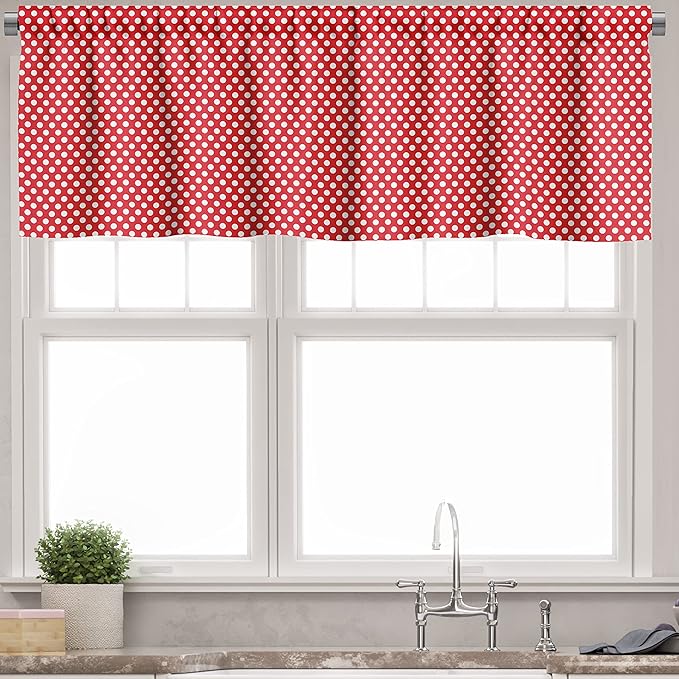 Ambesonne Retro Valance & Tier Curtain 3 pcs Set, 50s 60s Iconic Pop Art Style Big White Polka Dots Picnic Vintage Old Theme Image, Window Treatments for Kitchen Room Decor, 55" x 30", Vermilion White