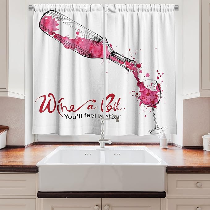 Ambesonne Wine Kitchen Curtains, Wine a Bit You Feel Better Inspirational Words Bottle Pouring Sketch Art, Window Drapes 2 Panel Set for Kitchen Cafe Decor, 55" x 39", Coral Black
