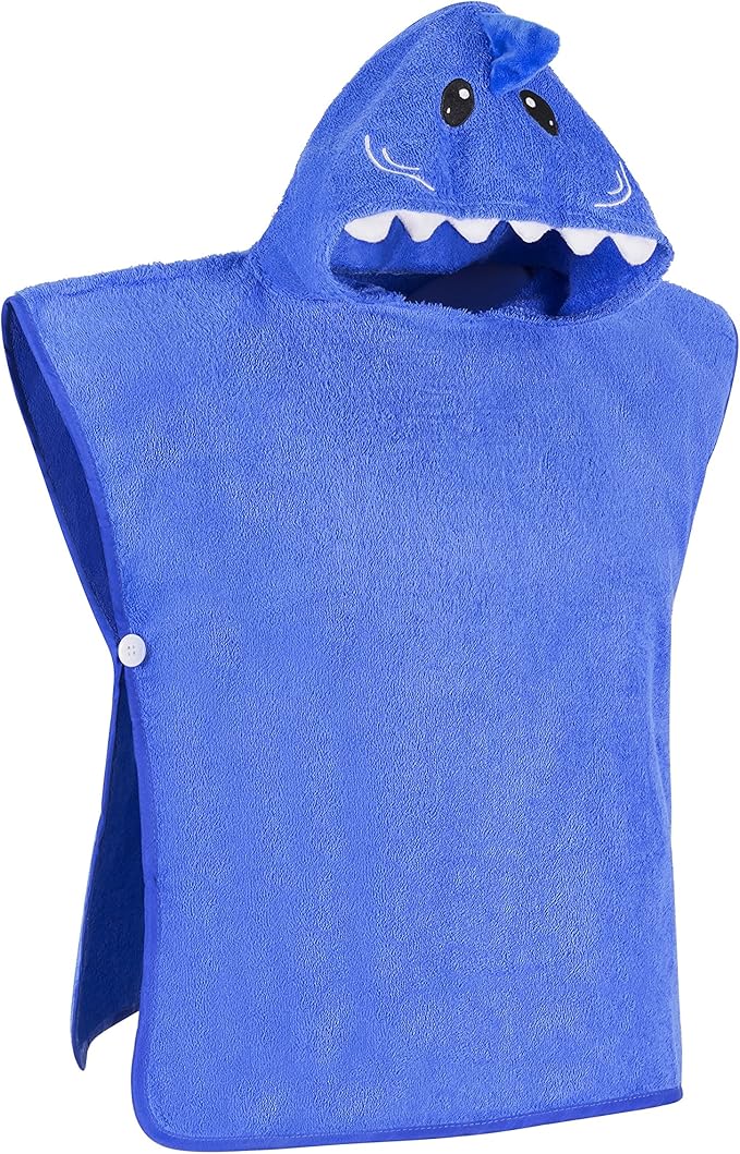 Premium Hooded Towel Poncho for Kids & Toddler - 100% Cotton (Blue Shark)