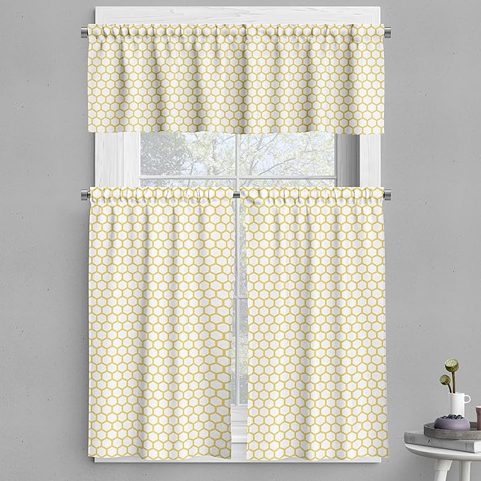 Ambesonne Yellow and White Valance & Tier Curtain 3 pcs Set, Hexagonal Pattern Honeycomb Beehive Simplistic Geometrical Monochrome, Window Treatments for Kitchen Room Decor, 55" x 45", White Yellow