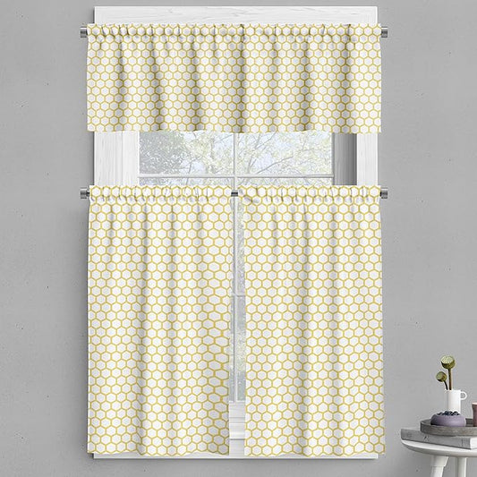 Ambesonne Yellow and White Valance & Tier Curtain 3 pcs Set, Hexagonal Pattern Honeycomb Beehive Simplistic Geometrical Monochrome, Window Treatments for Room Kitchen Decor, 55" x 24", White Yellow