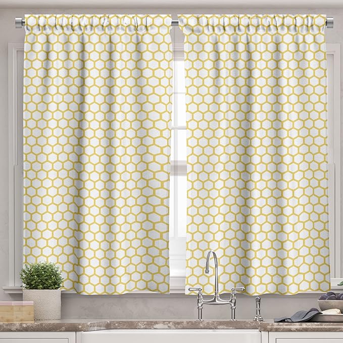 Ambesonne Yellow and White Valance & Tier Curtain 3 pcs Set, Hexagonal Pattern Honeycomb Beehive Simplistic Geometrical Monochrome, Window Treatments for Room Kitchen Decor, 55" x 24", White Yellow
