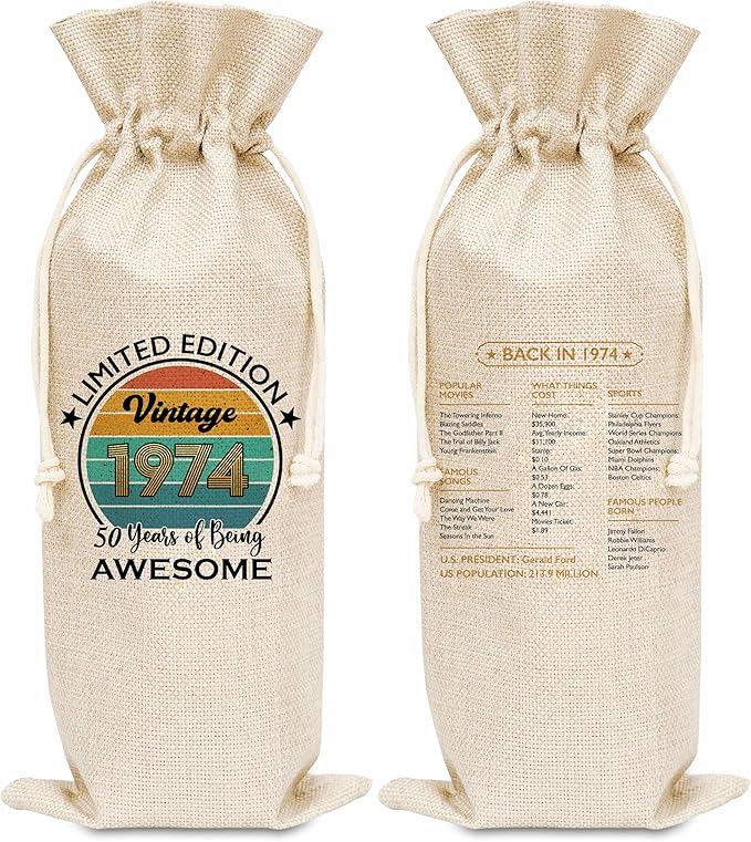 Disfuco 50th Birthday Wine Gift Bag, 1974 Birthday Gift Wine Bag, Burlap Wine Bottle Cover Bag For Women Men, Friends, Daughter, Son, Newphew, Niece, 1 Pc (B04)