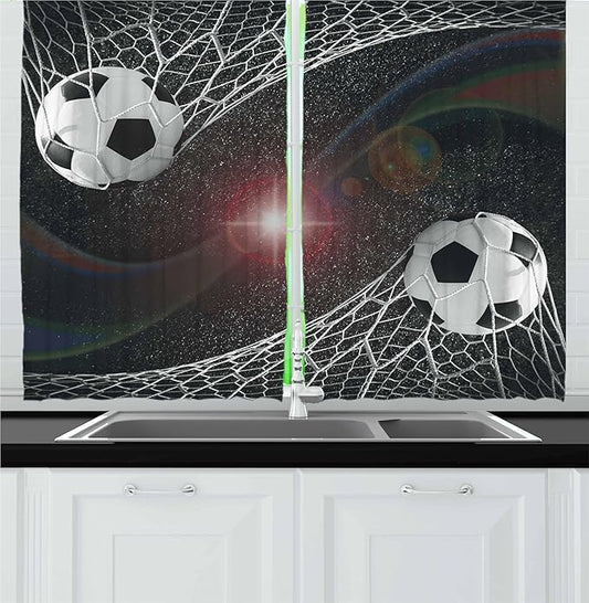 Ambesonne Teen Room Kitchen Curtains, Soccer Balls Goal Match Success Concept in The Outer Space Winner Glory Theme, Window Drapes 2 Panel Set for Kitchen Cafe Decor, 55" x 24", Black Magenta