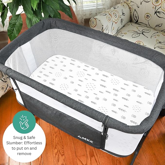 TansyPanda Bassinet Sheets for Bellababy, Besrey, AMKE, and Milliard Bedside Bassinet Sleeper, 3PC, 20 x 33 Inch, Ultra Soft, Breathable, Snug Fit, Unisex Boys, Girls, Gray White (Woodland Rainbow)