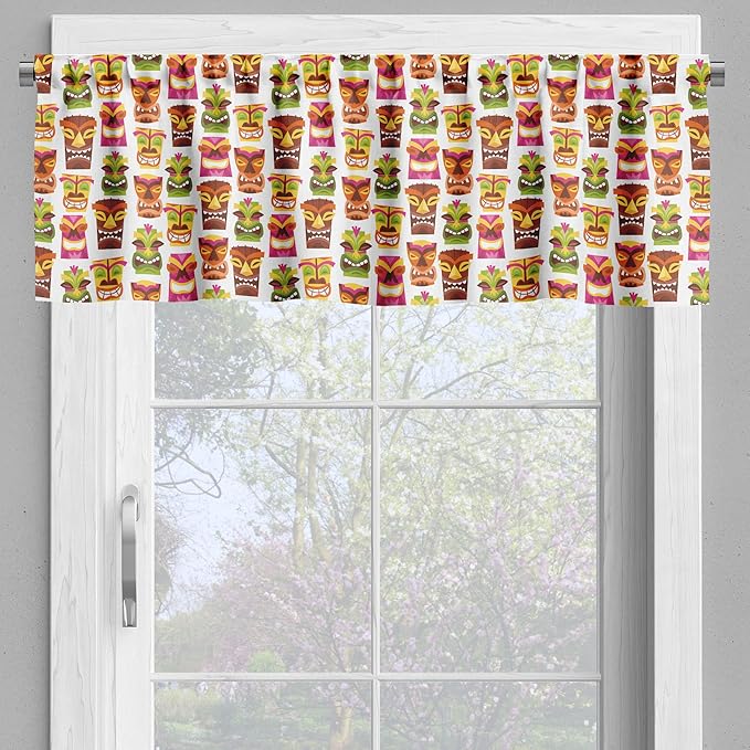 Ambesonne Tiki Bar Valance & Tier Curtain 3 pcs Set, Sixties Retro Inspired Hawaiian Party Happy Tiki Pattern Colorful, Window Treatments for Kitchen Room Decor, 55" x 45", White Brown