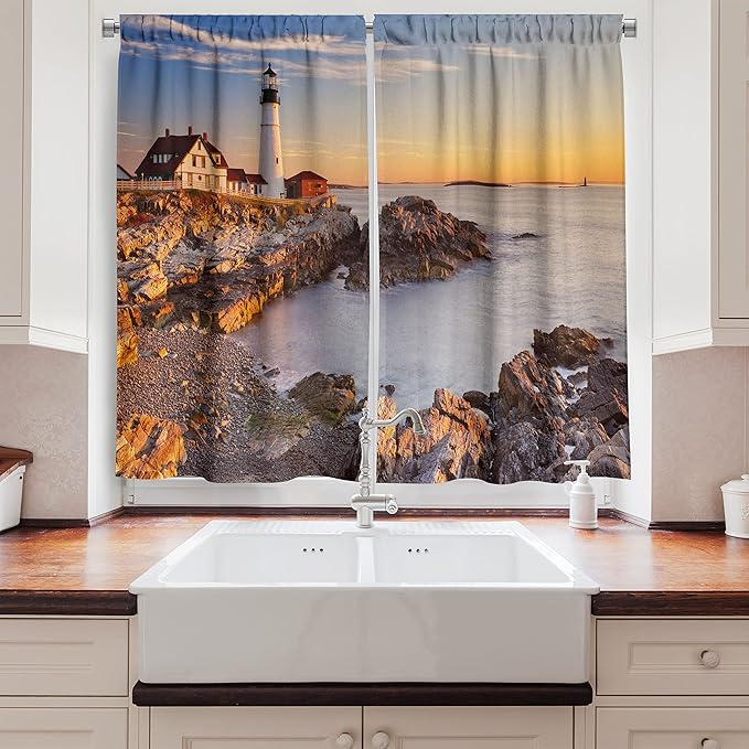 Ambesonne United States Kitchen Curtains, Cape Elizabeth Maine River Portland Lighthouse Sunrise USA Coast Scenery, Window Drapes 2 Panel Set for Kitchen Cafe Decor, 55" x 39", Blue Tan
