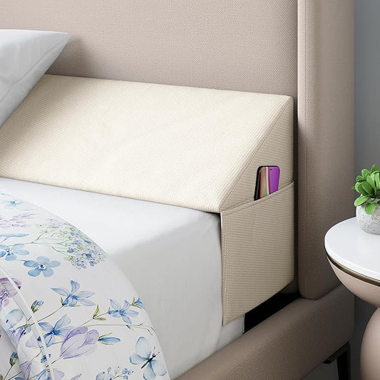 Wedge Pillow Headboard Bed Gap Filler Full - Headboard Pillow Full Size 54 X 10 X 6 - Long Pillow for Bed Wedge Gap Filler with Large Pocket for Bed Accessories - Mattress Gap Filler (Beige)