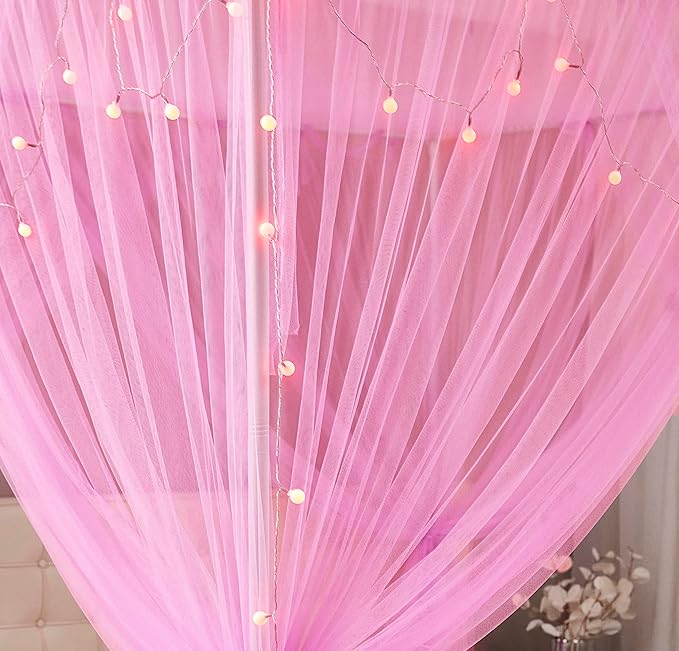 Mengersi Canopy Bed Curtains Bed Canopy with Lights for Girls, Bed Netting Unique Style 4 Door Mosquito Net for Adults Women Bedroom Decor (Pink+Lights, King)