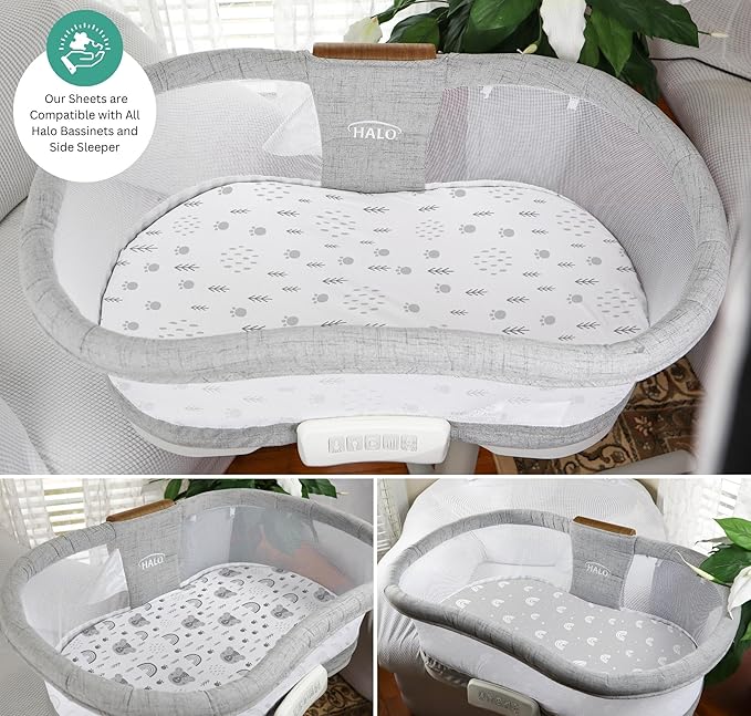 TansyPanda Bassinet Sheets for Halo Bassinest Swivel, Flex, Glide, Premiere and Luxe Series Sleeper, Pack of 3, 33 X 17 Inch, Ultra Soft and Snug Fit, Unisex Boys Girls, Gray White (Woodland Rainbow)