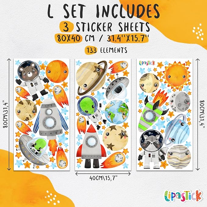 Large Solar System Wall Decals for Kids by Lipastick - 133 pcs Space Animal Wall Stickers Boys Room Playroom - Galaxy Wall Decor - Kids Vinyl Wall Decal Peel and Stick - Outer Space Decoration L Size