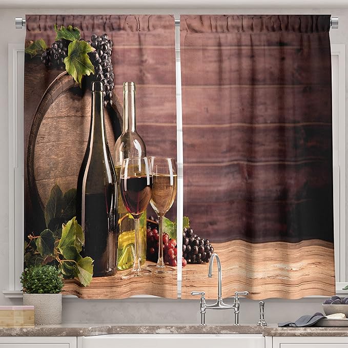 Ambesonne Wine Kitchen Curtains, Still Life of Wine with Wooden Keg Rustic Concept Tasting Viticulture, Window Drapes 2 Panel Set for Kitchen Cafe Decor, 55" x 39", Brown Green