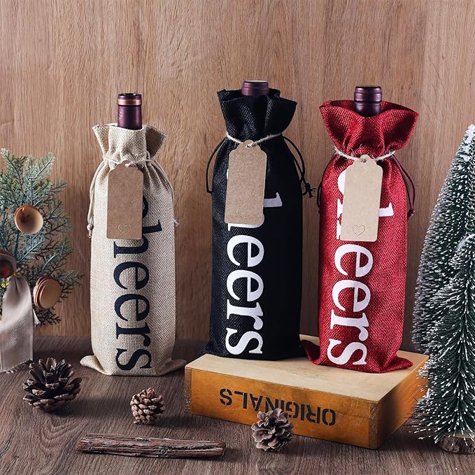 SIRIPHUM Burlap Wine Bags and Gift Tags, Wine Bottle Gift Bags with Drawstrings,Wine Bags Gift for Travel, Wedding, Holiday Party,Birthdays,Housewarming and Dinner Party (Black-12PCS)