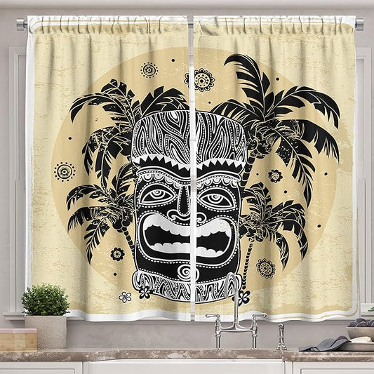 Ambesonne Tiki Bar Kitchen Curtains, Hawaii Tiki Palm Trees Ornate Flowers Sunny Summer Party Print, Window Drapes 2 Panel Set for Kitchen Cafe Decor, 55" x 39", Yellow Ivory