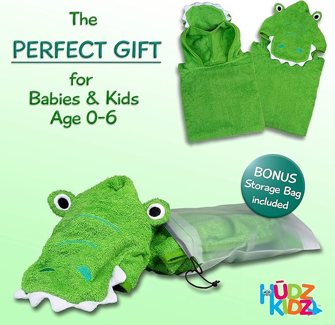 Premium Hooded Towel Poncho for Kids & Toddlers, Soft 100% Cotton, Ideal at Bath, Beach, Pool (Green Croc)